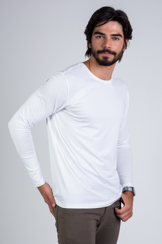 Camiseta Algodão Egípcio Manga Longa Gola O Branca