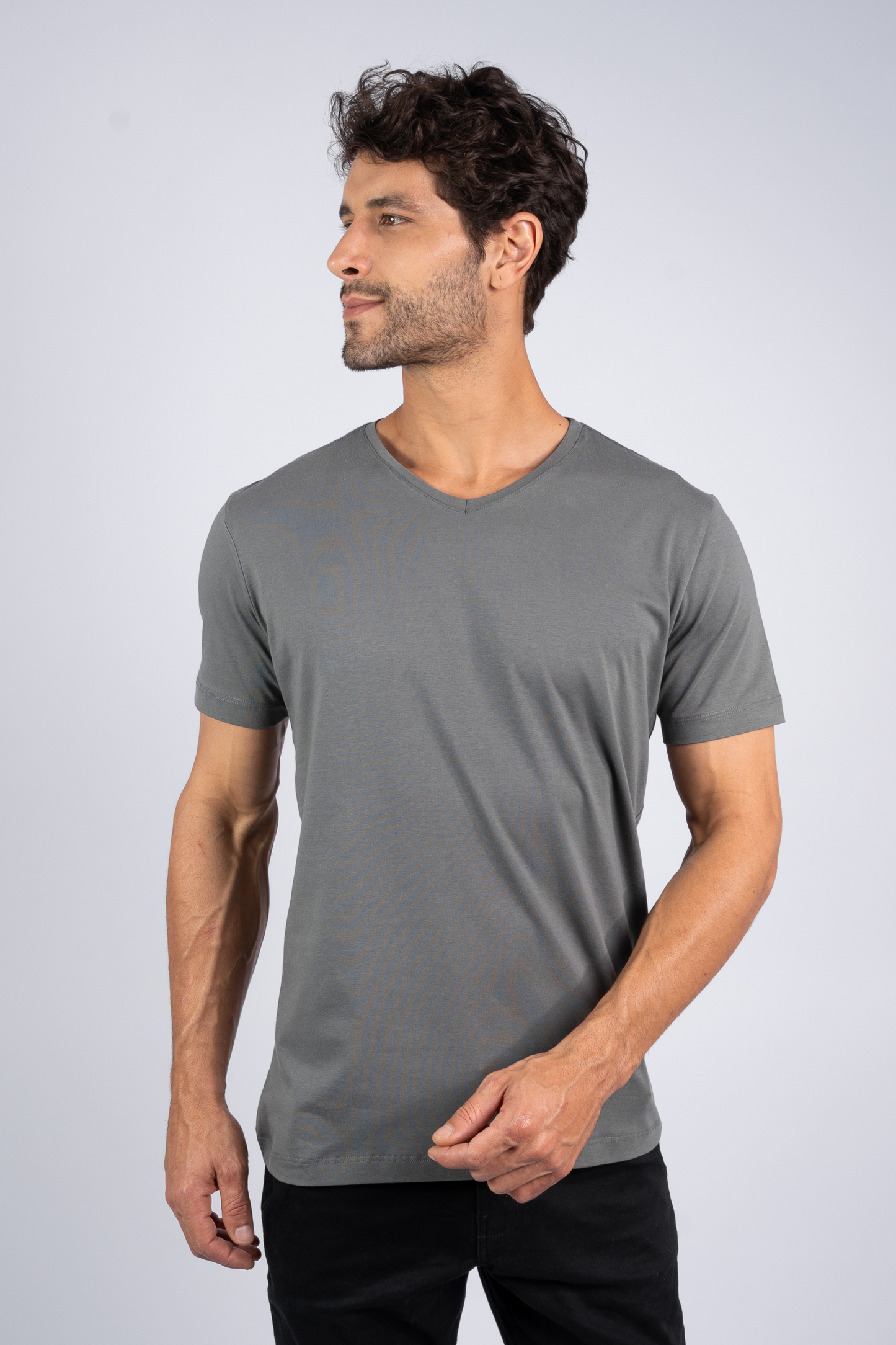 Camiseta Algodão Egípcio Gola V Cinza