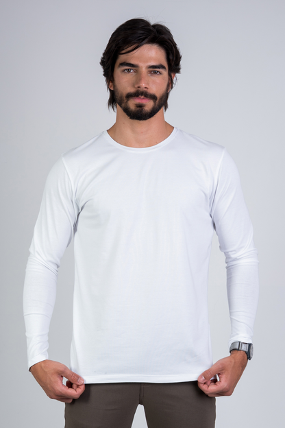 Camiseta Algodão Egípcio Manga Longa Gola O Branca