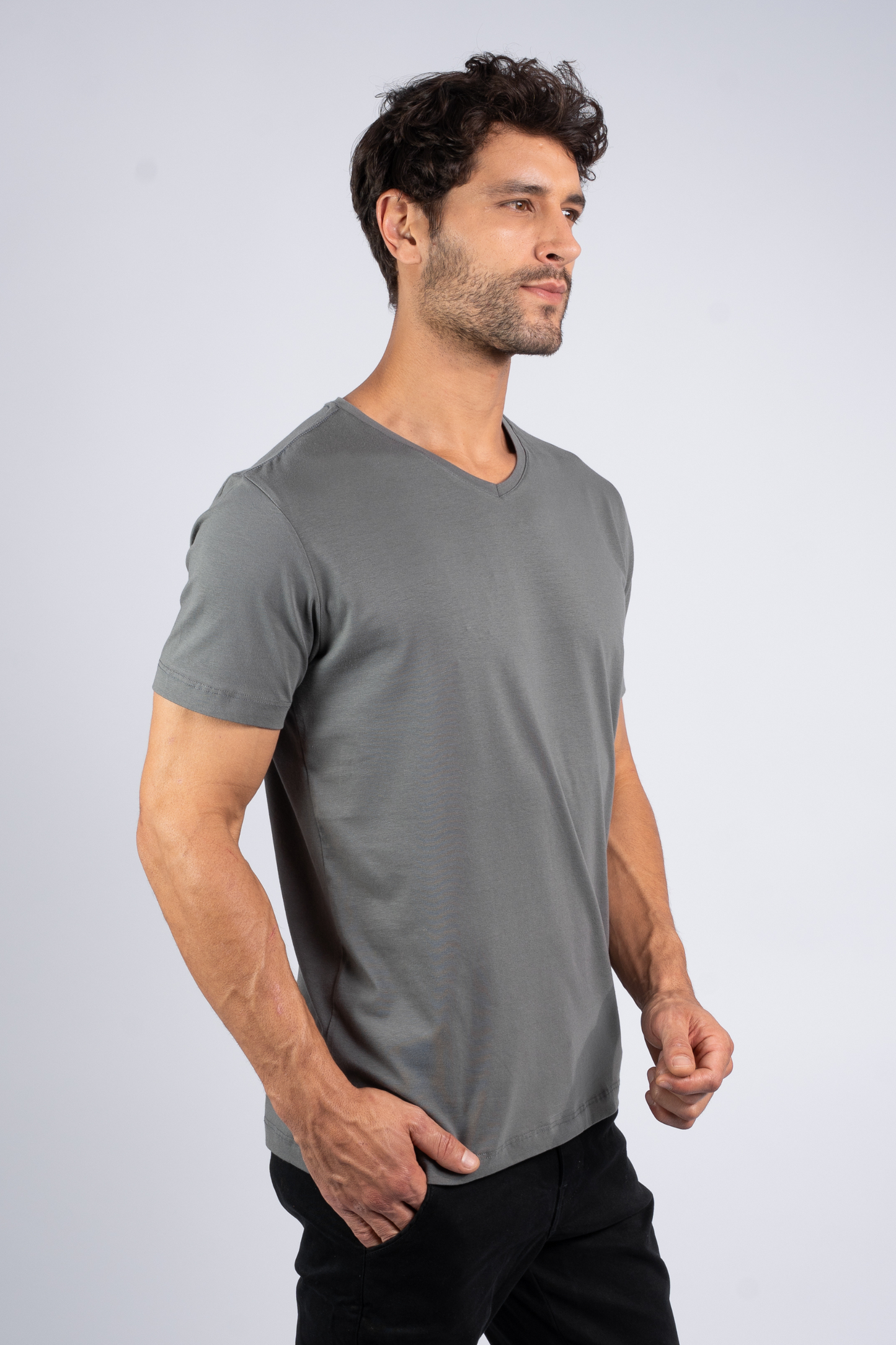 Camiseta Algodão Egípcio Gola V Cinza