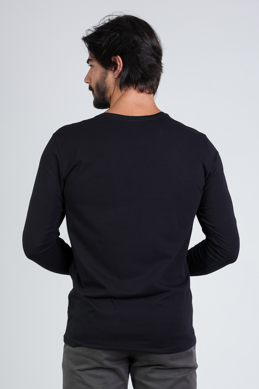 Camiseta Algodão Egípcio Manga Longa Gola O Preta