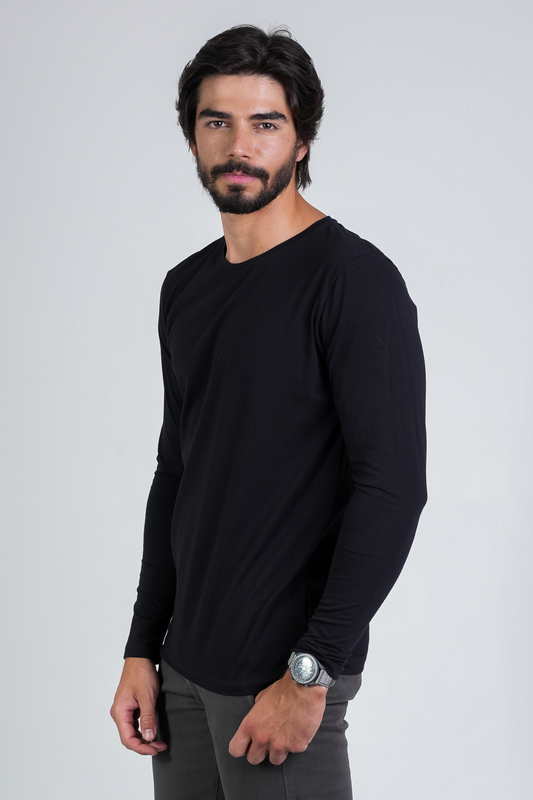 Camiseta Algodão Egípcio Manga Longa Gola O Preta